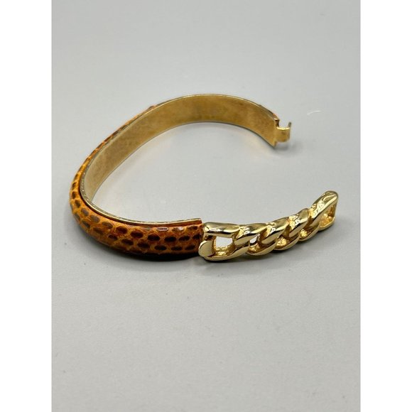 Vtg 80s 90s Snakeskin Bracelet Hinged Bangle Tan Color with Gold Plated Chain - Picture 8 of 8